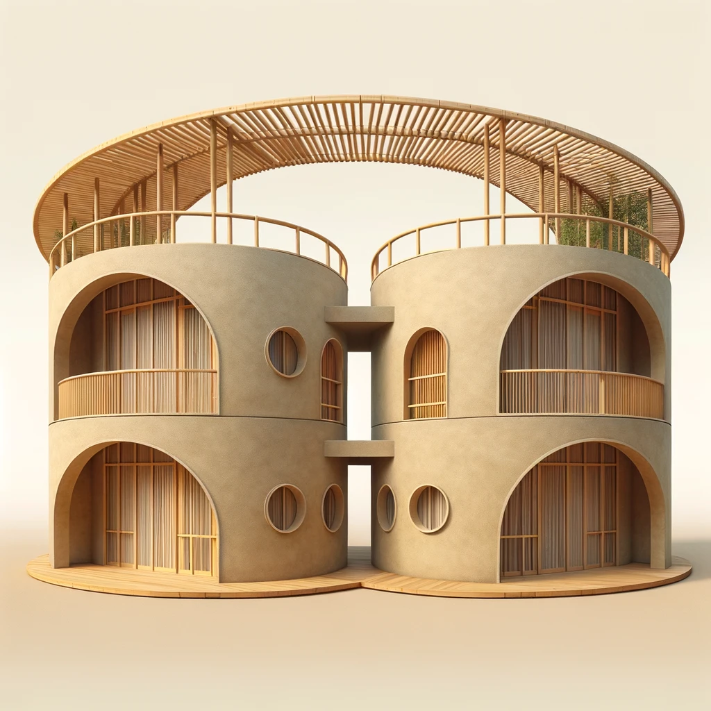 DALL·E 2024-04-19 17.01.49 - Create an image of two adjacent single-story round buildings with a realistic look, finished with beige stucco walls, large round doorways, and multip.webp